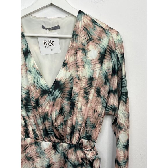 Tart Collections Wrap Dress Small Satin Tie Dye Mini Fall Style Pink Green - Picture 4 of 9